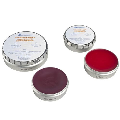 La cire cervicale rouge est particulièrement flexible, sans tension, pour le modelage des inlays et des parties cervicales des couronnes. 233-70  La cire cervicale violette est plus dure et particulièrement flexible, sans tension pour une utilisation dans la technique de fraisage et dans des endroits à haute température pour modeler les inlays et les parties cervicales des couronnes. 291-70  Le pot de 70 g