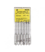 Elargisseur court du tiers coronaire en acier inoxydable, stérilisable à 200° C.  Pointe non draft, sert de guide. Longueur 32 mm.  N°1 : Ø 0,50 mm  N°2 : Ø 0,70 mm  N°3 : Ø 0,90 mm  N°4 : Ø 1,10 mm  N°5 : Ø 1,30 mm  N°6 : Ø 1,50 mm  Conditionnement: 1 boite de 6 forêts