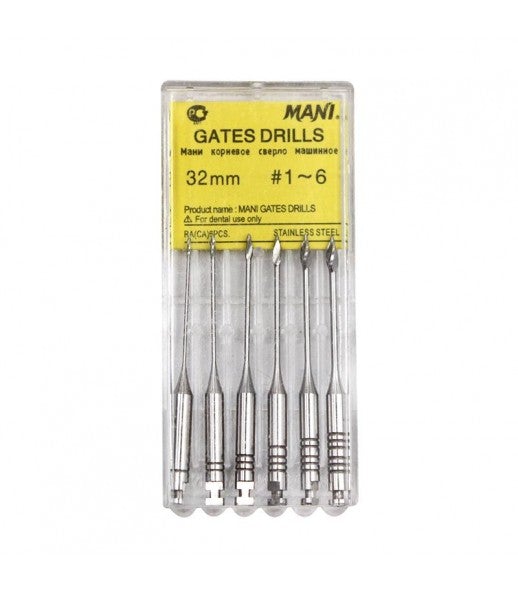 Elargisseur court du tiers coronaire en acier inoxydable, stérilisable à 200° C.  Pointe non draft, sert de guide. Longueur 32 mm.  N°1 : Ø 0,50 mm  N°2 : Ø 0,70 mm  N°3 : Ø 0,90 mm  N°4 : Ø 1,10 mm  N°5 : Ø 1,30 mm  N°6 : Ø 1,50 mm  Conditionnement: 1 boite de 6 forêts