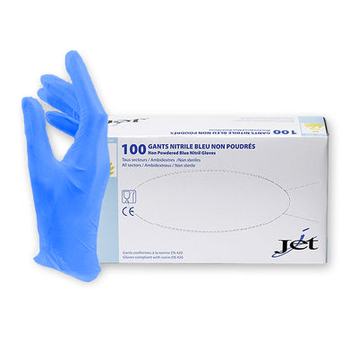 Gants nitrile bleu Jet : sans latex, non poudrés, résistants & hypoallergéniques. Confort pro, excellente adhérence. Boîte de 100, usage médical - uofti.com