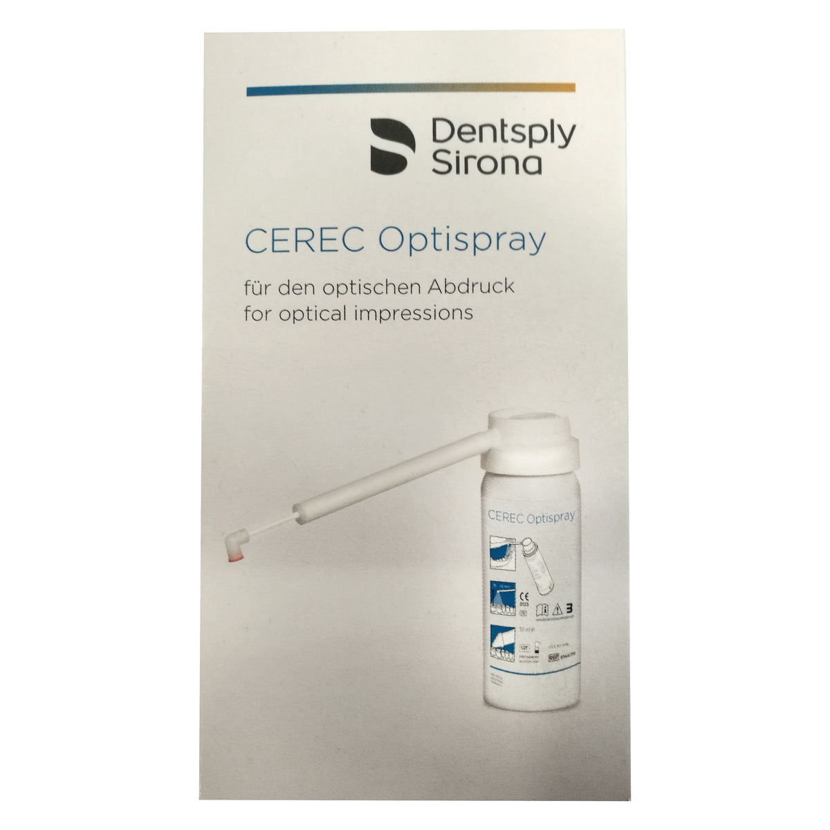 CEREC Optispray permet de réaliser simplement des empreintes optiques 3D parfaites de restaurations CAO/CFAO. CEREC Optispray est conçu pour une utilisation intra-orale (utilisation au fauteuil) et, grâce à une recette optimisée et à une buse spéciale, garantit l'application d'une couche homogène sur l'objet à mesurer, indépendamment de celui-ci.  L'Optispray de 50 ml.