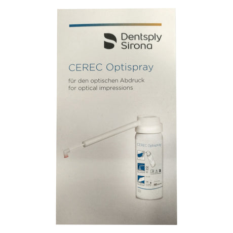 CEREC Optispray permet de réaliser simplement des empreintes optiques 3D parfaites de restaurations CAO/CFAO. CEREC Optispray est conçu pour une utilisation intra-orale (utilisation au fauteuil) et, grâce à une recette optimisée et à une buse spéciale, garantit l'application d'une couche homogène sur l'objet à mesurer, indépendamment de celui-ci.  L'Optispray de 50 ml.