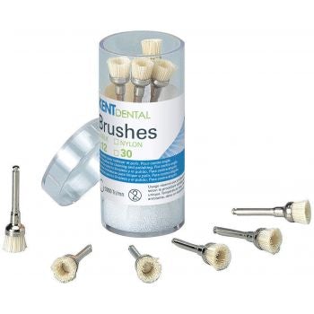 Brossettes miniatures de haute qualité pour le nettoyage et le polissage des dents. Pour contre-angles.  Dispositif médical de classe IIa.  Marquage CE0120. Fabricant : CFPM  Le sachet de 12 brossettes  ou les 30 brossettes:  Brossettes poils en nylon Brossettes poils en soie naturelle.