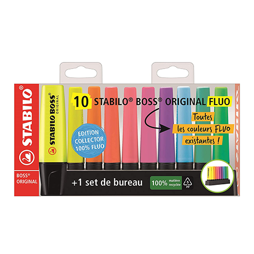 Lot de 10 surligneurs STABILO BOSS ORIGINAL FLUO